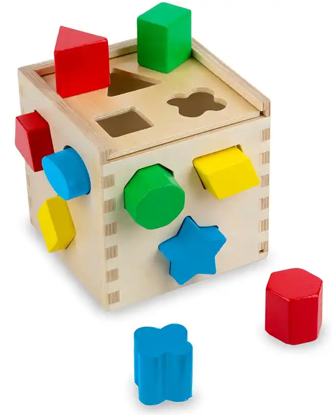 A wooden sorting box with colorful shapes, designed for teaching shape and color recognition and improving problem-solving skills, ideal for Montessori toys for 1 year olds.