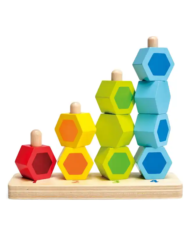 A colorful wooden stacker with hexagonal rings, perfect for Montessori toys for 1 year olds to learn color and shape recognition.