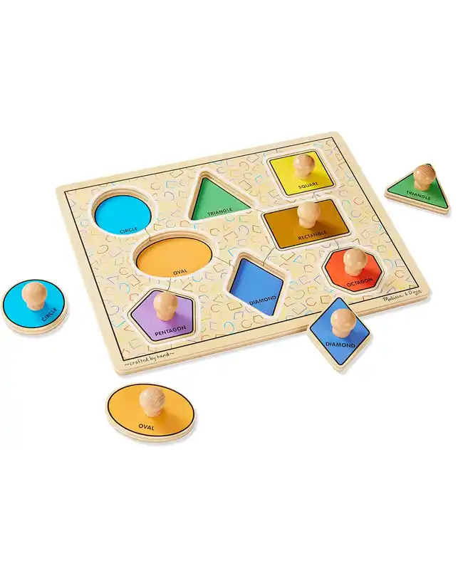  A wooden puzzle with knobs featuring various geometric shapes, designed as Montessori toys for 1 year olds to enhance problem-solving skills.