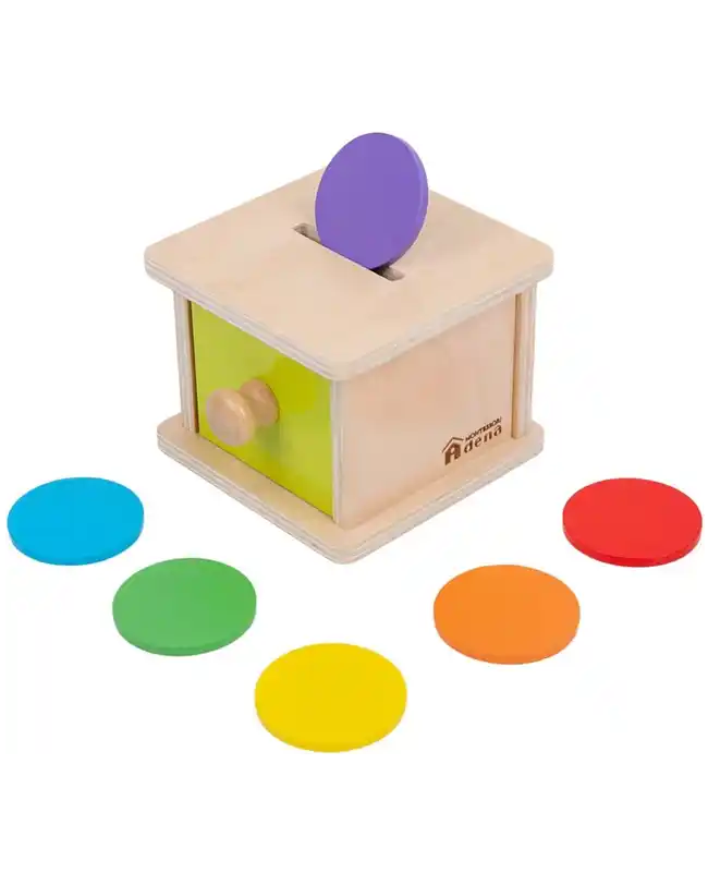 A wooden coin bank with colorful coins, ideal for Montessori toys for 1 year olds to develop hand-eye coordination and basic math concepts.