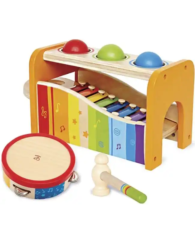 A wooden xylophone with colorful keys and a tambourine, perfect for auditory development and rhythm learning, ideal for Montessori toys for 1 year olds.