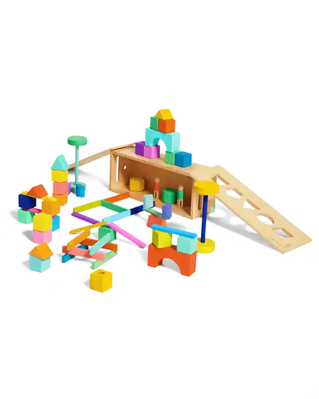 A colorful Montessori wooden block set for 2-year-olds, designed to stimulate creativity and spatial awareness.