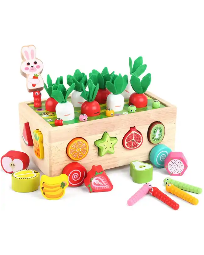 A wooden Montessori educational toy with shapes, vegetables, and fruits, ideal Montessori toys for 2 year olds to develop fine motor skills and cognitive abilities.