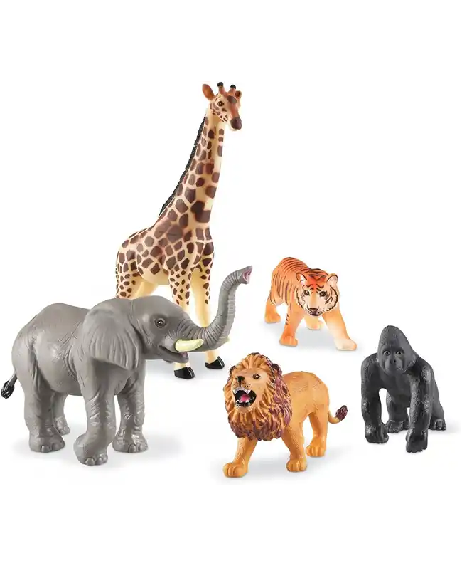 Realistic jumbo jungle animal figures for 2 year olds, including an elephant, giraffe, lion, tiger, and gorilla, perfect Montessori toys for imaginative play.