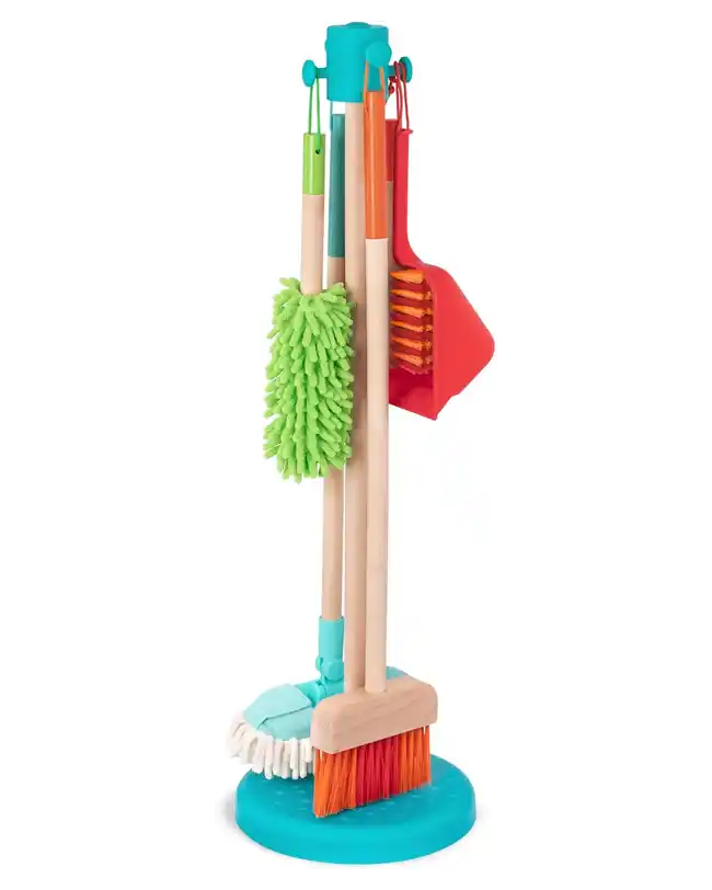 A colorful Montessori cleaning set for 2-year-olds, including a broom, mop, and other cleaning tools.