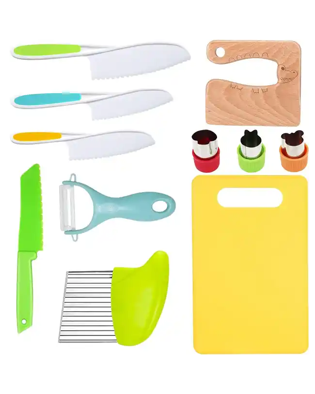 A set of child-sized Montessori kitchen cooking utensils for 2-year-olds, promoting culinary creativity and fine motor skills.