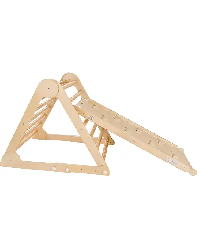 A wooden Montessori Pikler triangle for 2-year-olds, designed to promote physical activity and gross motor development.