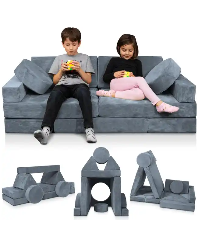 A modular kids play couch for 2-year-olds, perfect for a Montessori playroom and promoting creative and active play.