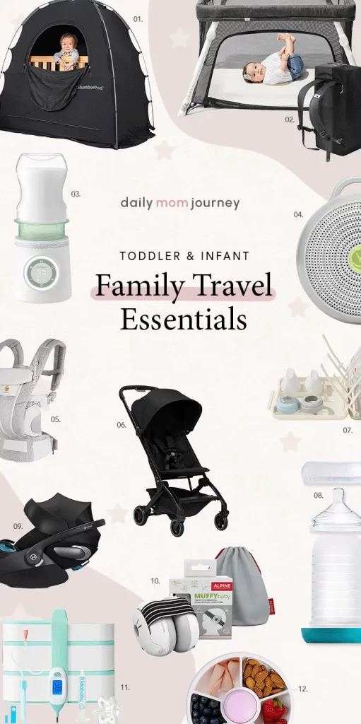 A collage of toddler and infant travel essentials, including travel cribs, bottle warmers, sound machines, and more must-have items for family trips.