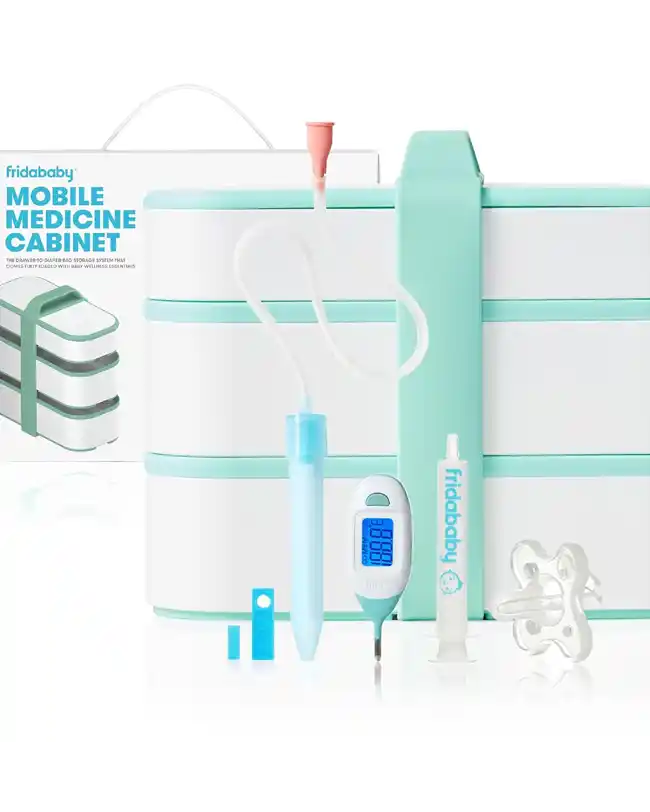 The Frida Baby Mobile Medicine Cabinet Travel Kit, an infant travel essential for handling minor health issues on the go.