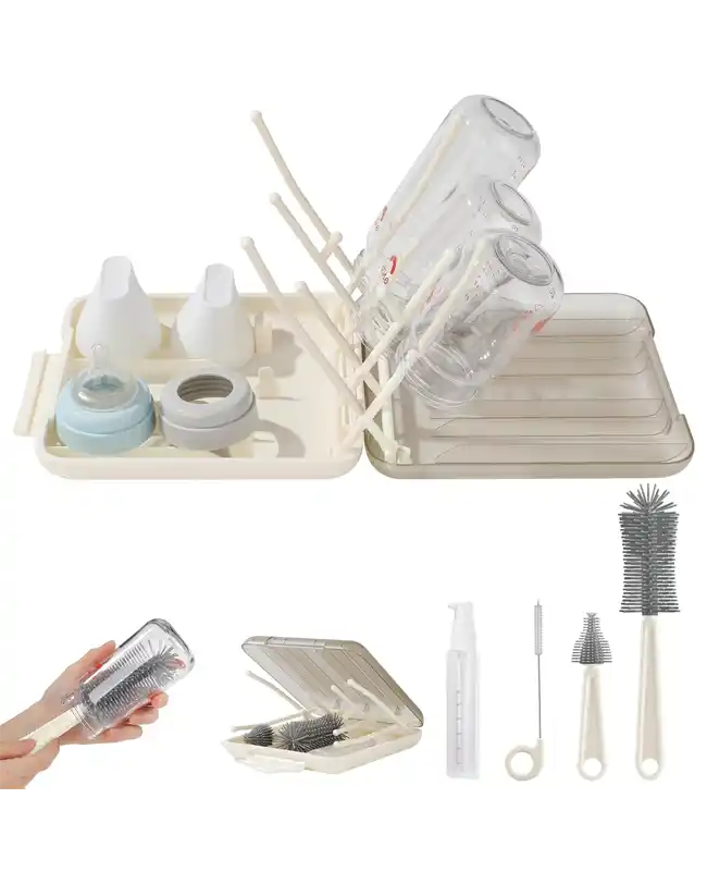 The 6 in 1 Baby Bottle Brush Set with a silicone brush, drying rack, and storage box, an infant travel essential for maintaining clean feeding bottles.