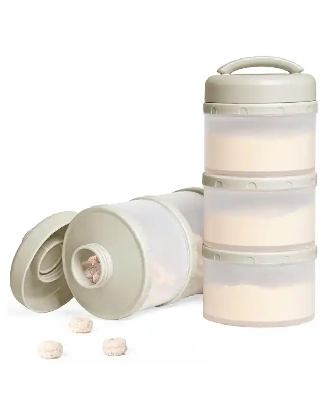 The Stackable Formula Dispenser, an infant travel essential for convenient formula storage and dispensing during trips.