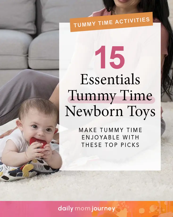 A baby enjoying tummy time with a variety of essential newborn toys to make tummy time enjoyable.