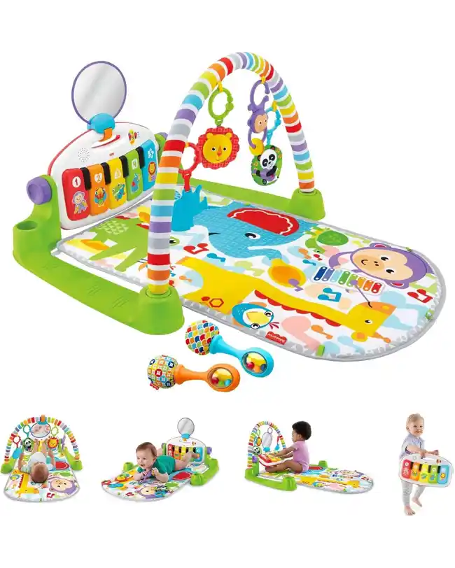 A colorful Fisher-Price Deluxe Kick 'n Play Piano Gym designed for tummy time newborn, featuring hanging toys and a piano for baby toys.