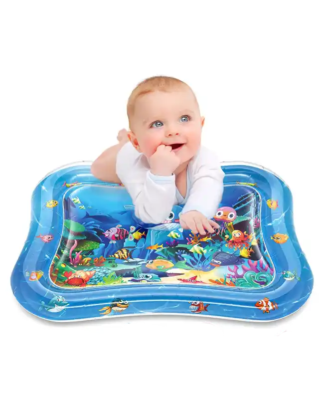 A baby enjoying tummy time on an Infinno Inflatable Tummy Time Mat, a fun and engaging tummy time infant toy.