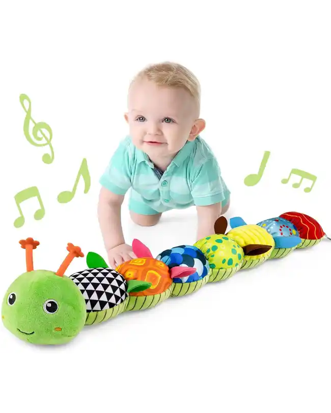 A baby playing with a Baby Sensory Toy 0-3 Month Music Animal Stuffed Plush Caterpillar, a soft and musical tummy time toy.