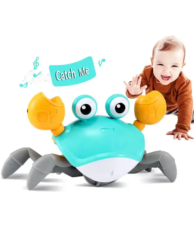 Crawling Crab Tummy Toy that moves and lights up, encouraging tummy time and motor skills in infants.