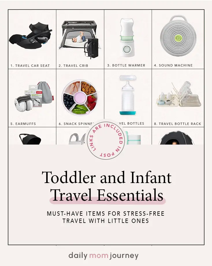  A grid of top toddler and infant travel essentials, featuring items like a travel car seat, snack spinner, and portable sound machine for stress-free family travel.