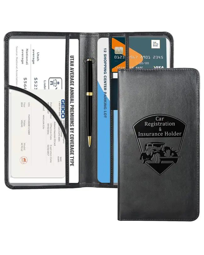  A document holder for car registration, insurance, and other important papers, keeping paperwork organized and easily accessible.