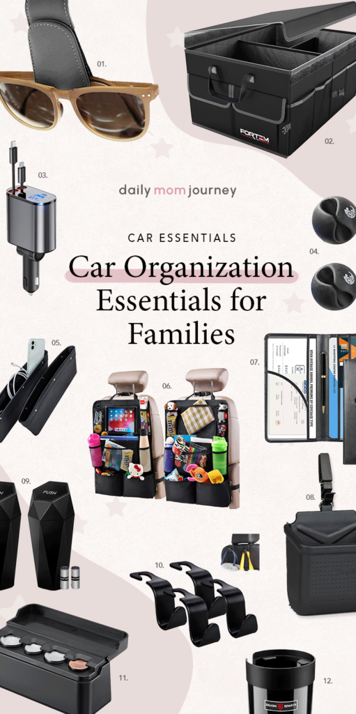 A collection of car organization essentials for families, featuring trunk organizers, backseat storage solutions, cup holders, and cable holders to keep your vehicle tidy and functional during road trips with kids.