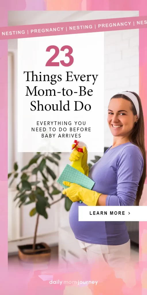 Pregnant woman smiling while holding cleaning supplies, representing a nesting checklist for moms-to-be, including tasks to prepare the home before the baby's arrival.