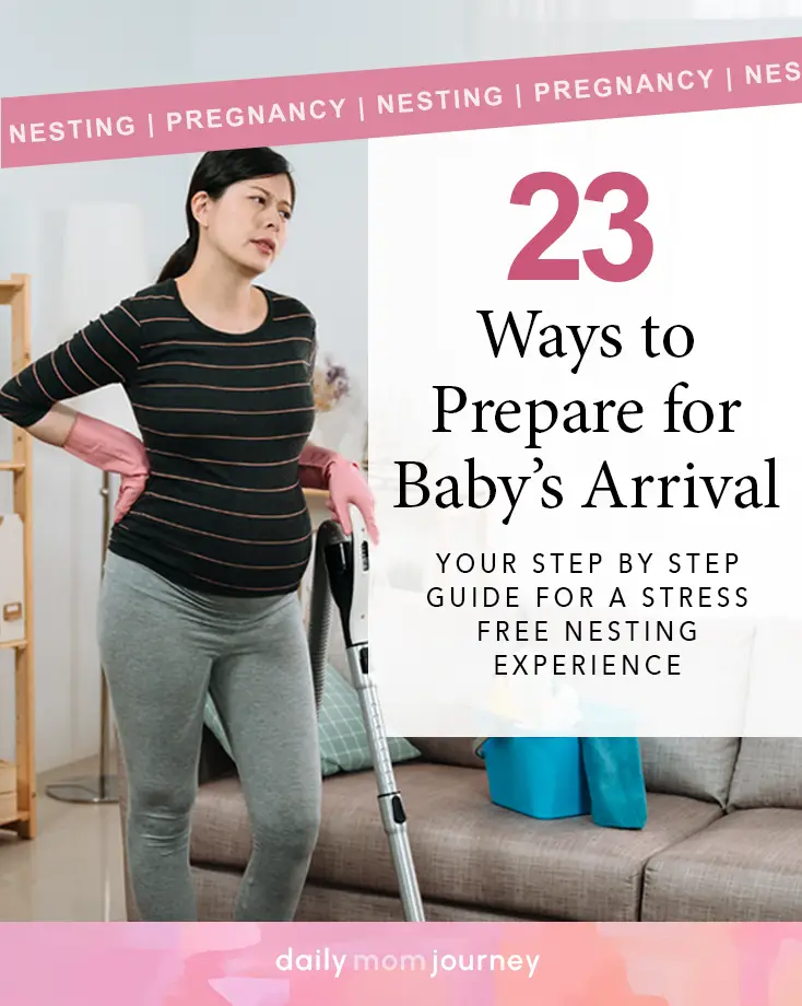 Pregnant woman standing in her living room with cleaning gloves and a vacuum, ready to follow her nesting checklist to prepare the home for her baby's arrival.