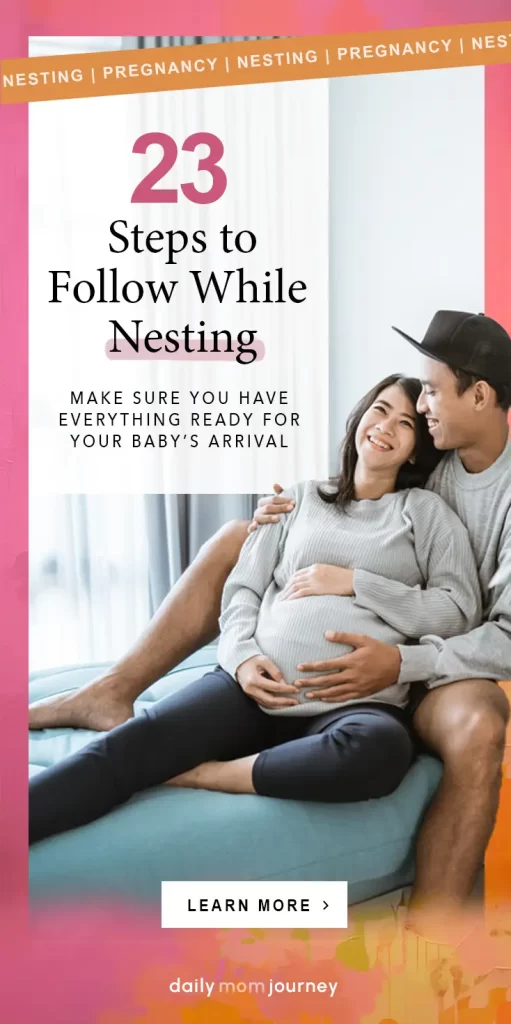 Expecting parents sitting together, with the mom's belly cradled, discussing the 23 steps to follow in their nesting checklist to prepare for the baby's arrival.