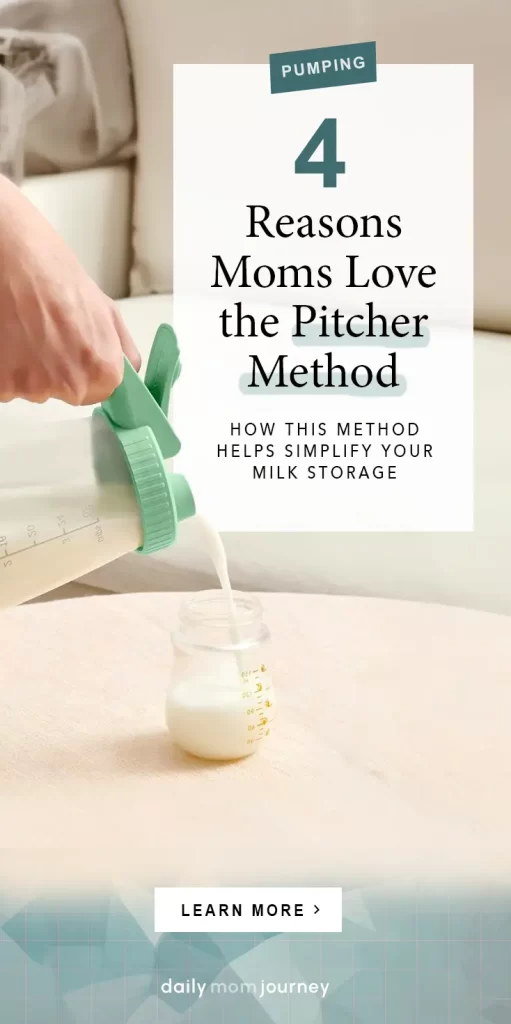 Mother pouring breast milk into a storage bottle using the pitcher method to simplify milk storage and feeding routine.