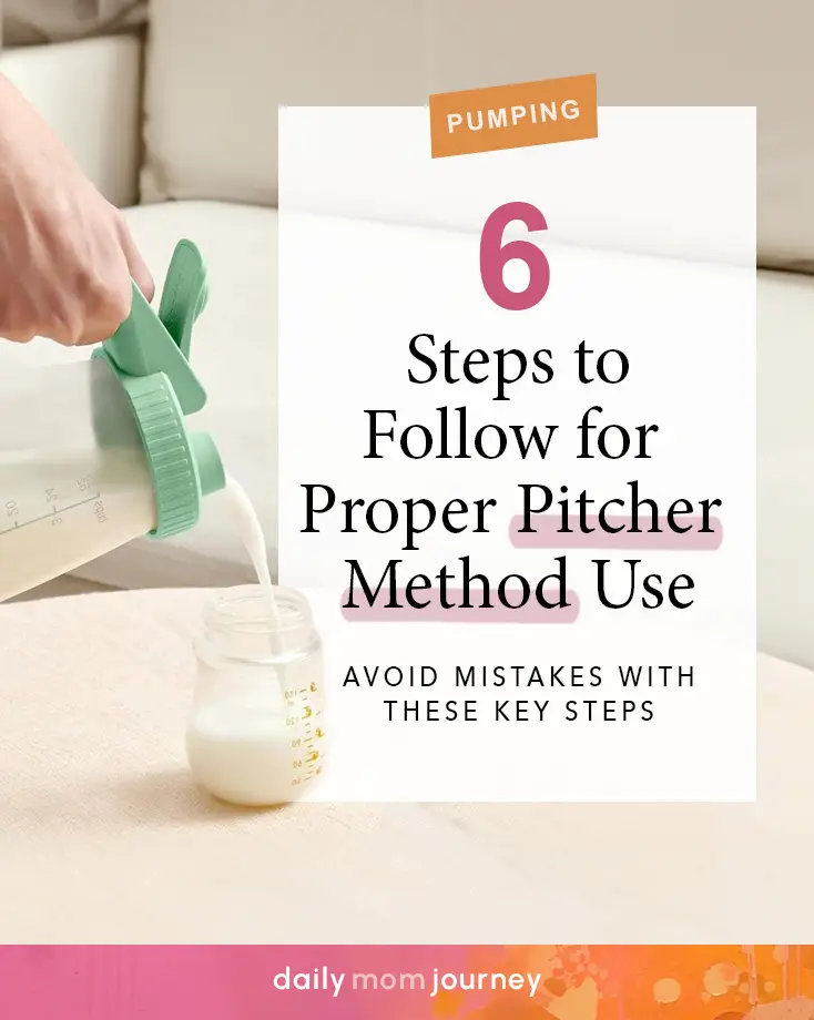 Demonstrating the pitcher method by pouring breast milk into a storage bottle, a simple and effective way to manage breast milk storage for moms.