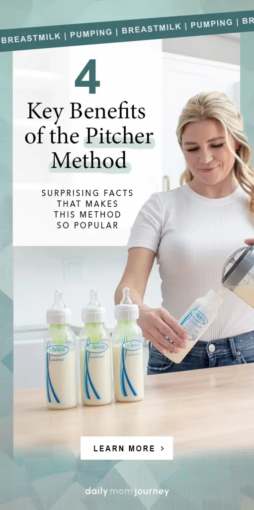 A mom using the pitcher method to store breast milk in bottles, showcasing the simplicity and effectiveness of this milk storage technique.