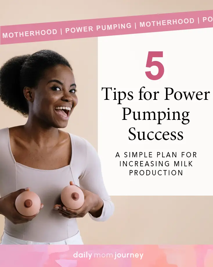 Smiling woman holding breast models with the text '5 Tips for Power Pumping Success' providing a simple plan to increase milk production.