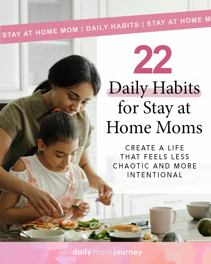 A stay-at-home mom teaches her daughter how to prepare food in the kitchen, showcasing one of 22 daily habits that help stay-at-home moms create a less chaotic, more intentional life.