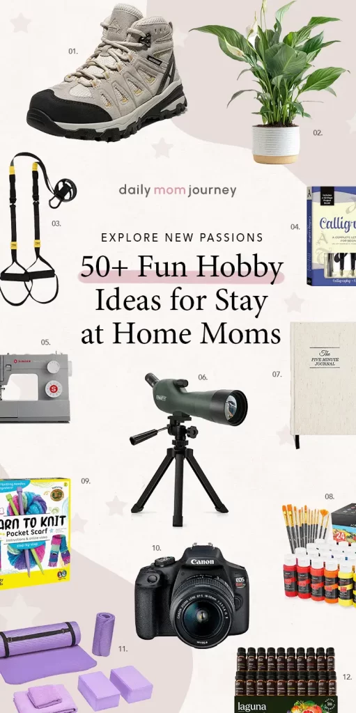 A collection of hobby items for stay-at-home moms, including hiking shoes, knitting kits, a yoga set, a camera, and a plant. Perfect for stay-at-home moms seeking fun and rewarding hobbies.