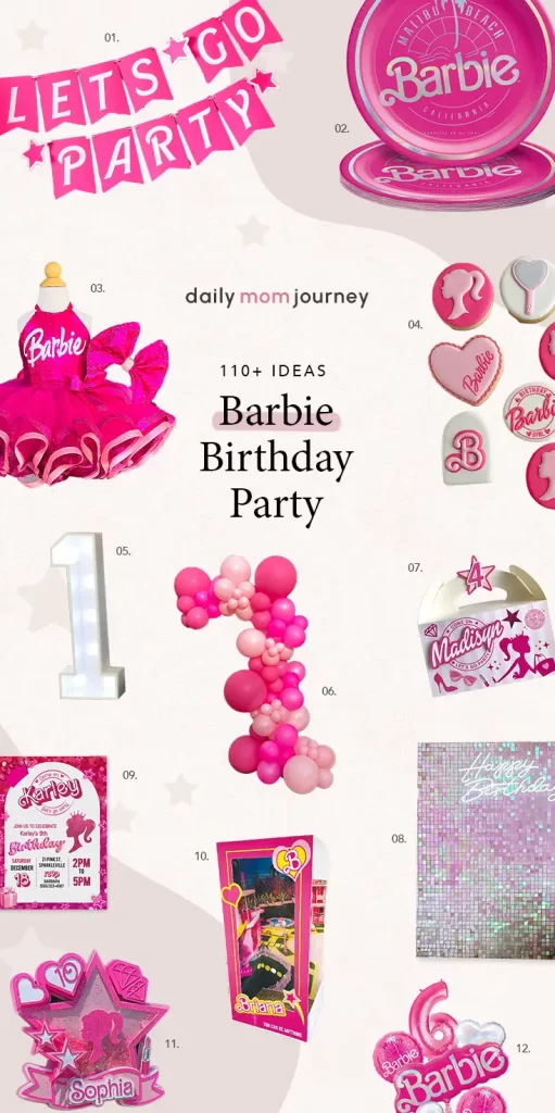 A collage featuring various Barbie birthday party decorations, including balloons, cake toppers, favor bags, and colorful table settings.