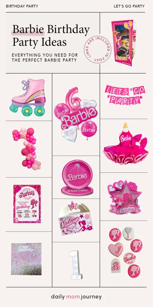 A guide displaying Barbie-themed party essentials such as pink dinnerware, a Barbie cake topper, light-up decorations, and party invitations.