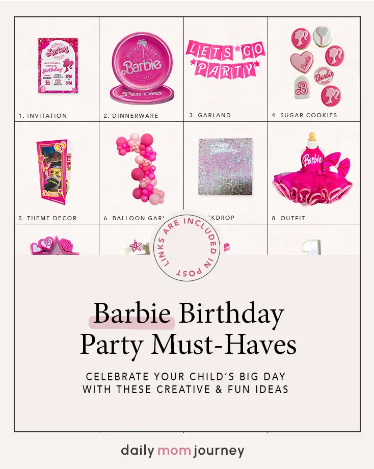 Complete setup for a Barbie birthday party, featuring a colorful backdrop, balloon arrangements, themed favor bags, and more festive decorations.