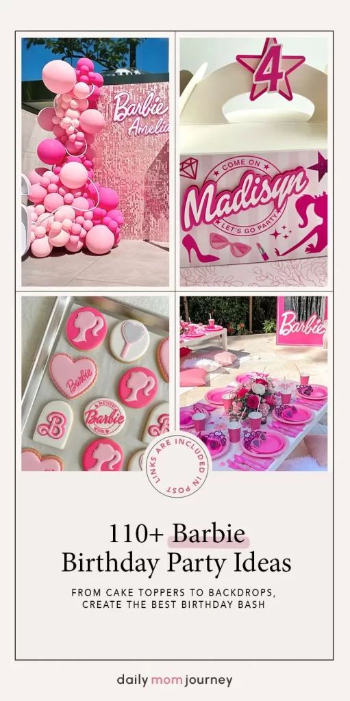 Creative Barbie birthday party ideas displayed in a grid, showing cake toppers, pink roller skate decor, party invitations, and Barbie-themed balloons.