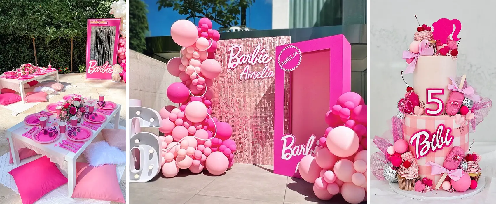 A vibrant Barbie-themed birthday party set-up featuring a pink picnic table decorated with pink plates and flowers, a photo booth with a Barbie box and balloon arch, and a layered birthday cake with pink decorations.