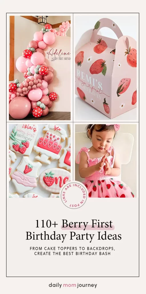 Berry First Birthday Party featuring pink balloon garland, personalized favor boxes, and custom strawberry-themed cookies.