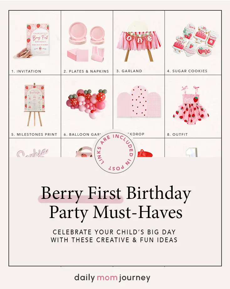 Berry First Birthday Party with pink plates, napkins, and a strawberry-themed high chair garland, perfect for a fun berry celebration.