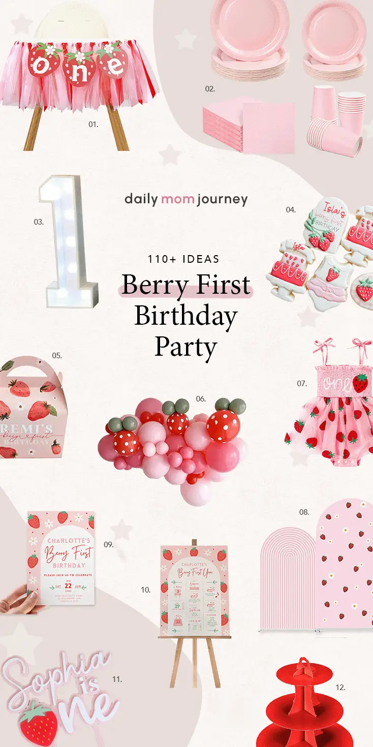 Berry First Birthday Party outfit and strawberry backdrop featuring a pink dress with strawberries, light-up number, and custom decorations.