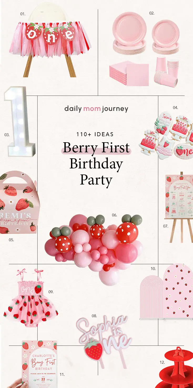 Berry First Birthday Party essentials including a pink balloon garland, custom invitations, plates, napkins, milestone print, and strawberry-themed dress for a fun celebration.