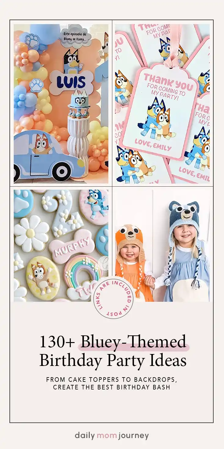 Explore 130+ Bluey-themed birthday party ideas, featuring personalized thank-you tags, custom sugar cookies, fun photo props, and adorable outfits to make your child's birthday extra special.