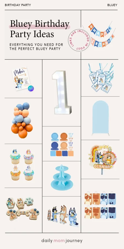 Collection of Bluey birthday party ideas featuring custom invitations, balloon garlands, themed tableware, cupcake holders, thank-you tags, and personalized cake toppers for a perfect Bluey celebration.