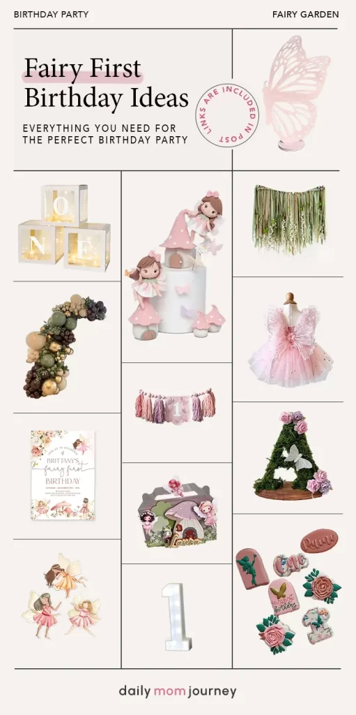 Collage of fairy first birthday party decorations, including fairy-themed decor, invitation, dress, and personalized favor bags, perfect for a magical celebration.