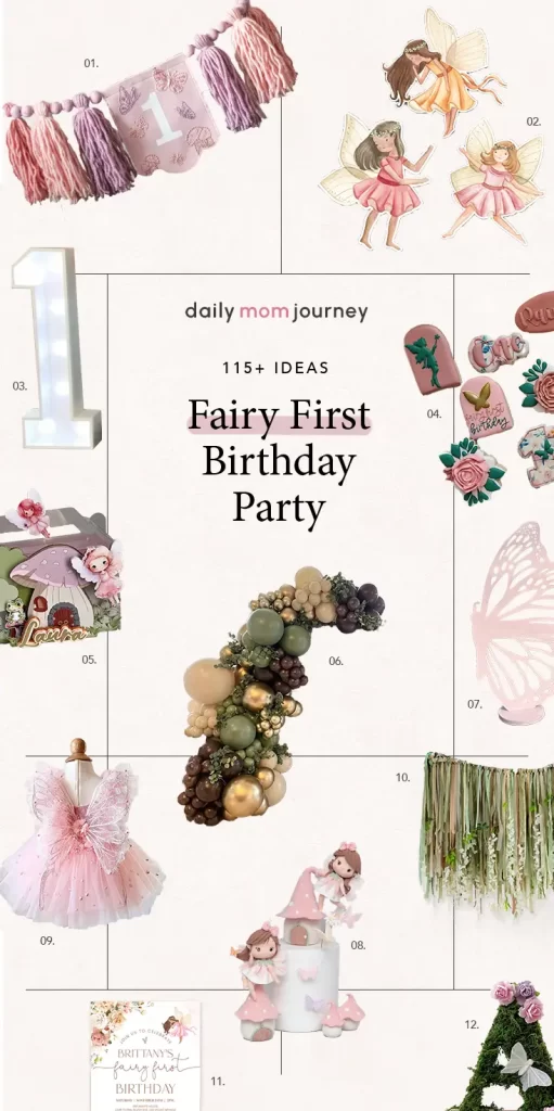 Fairy first birthday party essentials collage showcasing decorations like a fairy wing dress, cake topper, favor bags, and floral balloon garland for an enchanting celebration.