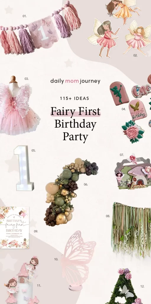 Fairy first birthday party arrangement with invitation, sugar cookies, balloon garland, and butterfly theme decor, creating a whimsical atmosphere for a little one's special day.