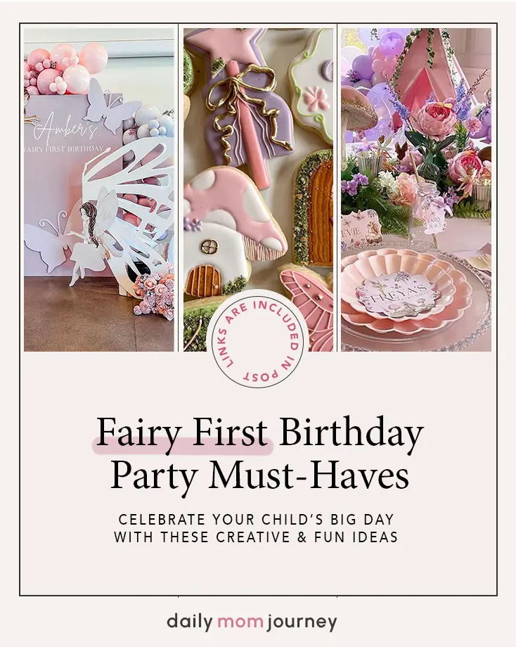 A charming collection of fairy first birthday party ideas with floral arrangements, fairy dresses, cake toppers, and light-up decor, ideal for a magical first birthday.