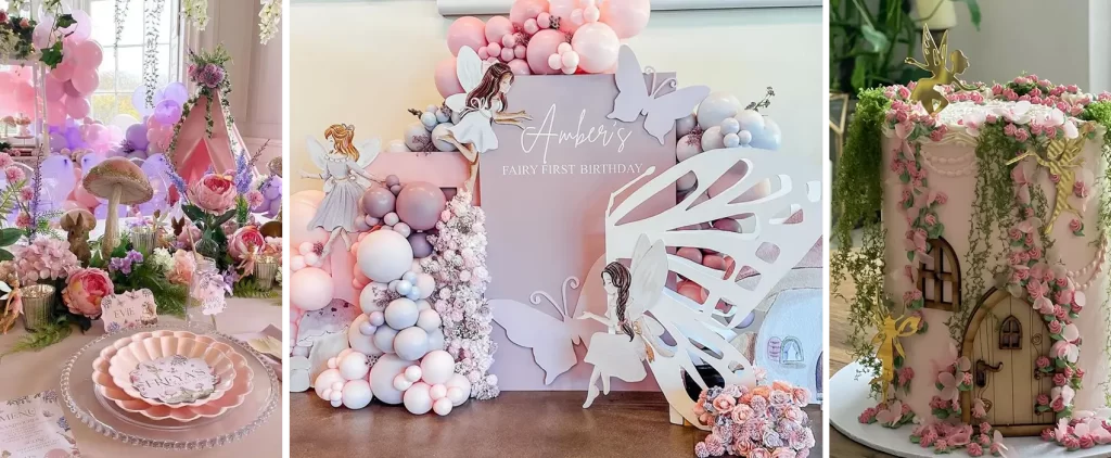 Beautiful fairy first birthday party setup with an enchanting table setting adorned with flowers and mushrooms, a pastel balloon backdrop featuring fairy cutouts, and a fairy-tale-inspired cake decorated with pink flowers and greenery.