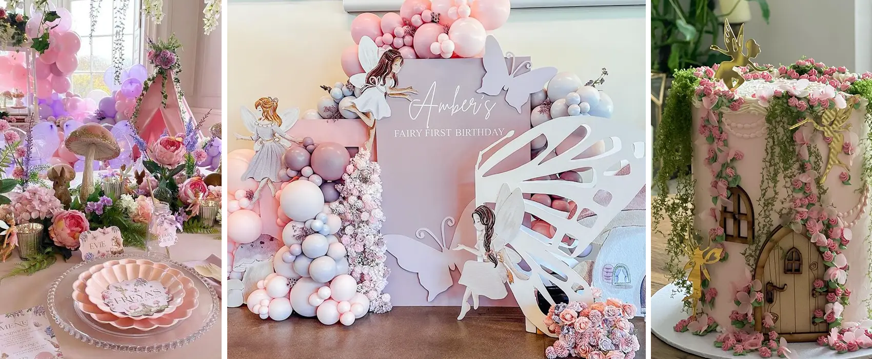 Beautiful fairy first birthday party setup with an enchanting table setting adorned with flowers and mushrooms, a pastel balloon backdrop featuring fairy cutouts, and a fairy-tale-inspired cake decorated with pink flowers and greenery.